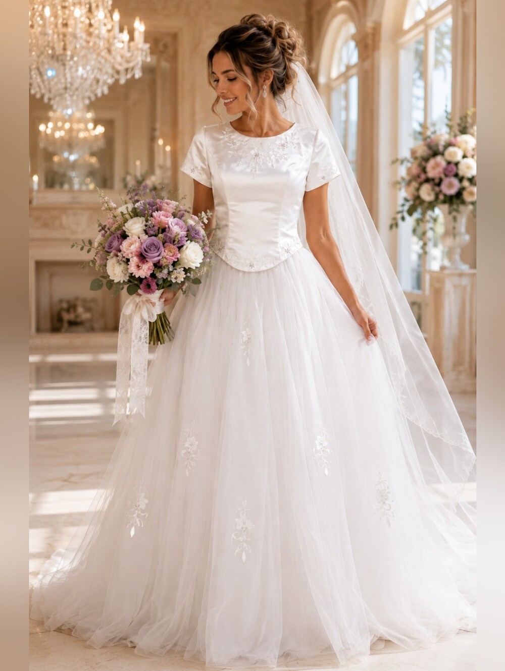 Ginnis by Montique White Embroidered Satin Tulle Ball Gown Wedding Dress S/M
